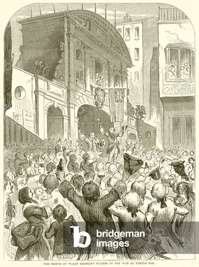 The Prince of Wales drinking Success to the War at Temple Bar (engraving)