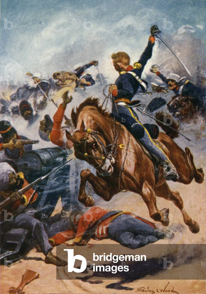Aliwal, The Third Light Dragoons charging the Sikh Guns (colour litho)