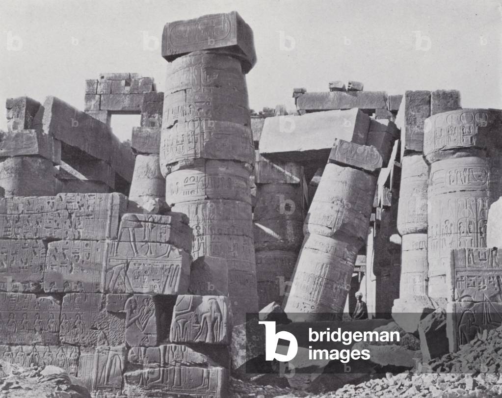 Egypt: Interior of the Hypostyle Hall at the Temple of Karnak (b/w photo)