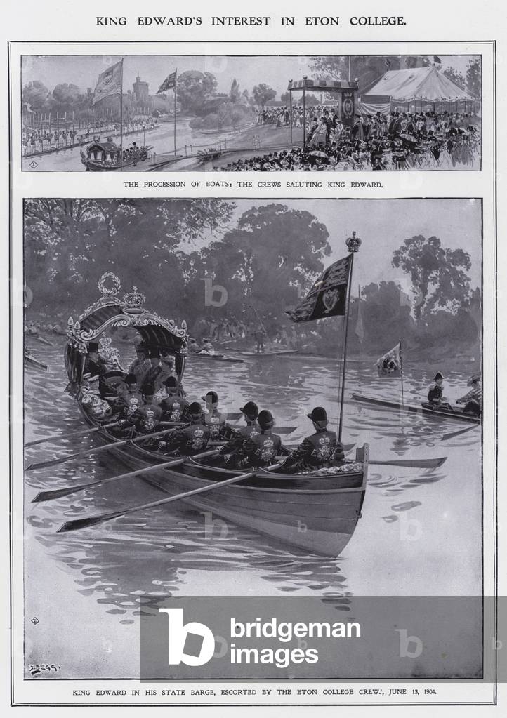 King Edward VII in his state barge escorted by the Eton College crew, June 13th 1904 (litho)