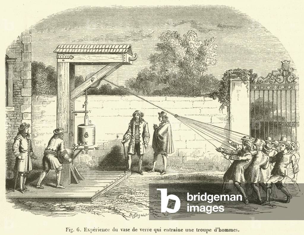 Experience du vase de verre qui entraine une troupe d'hommes (engraving)