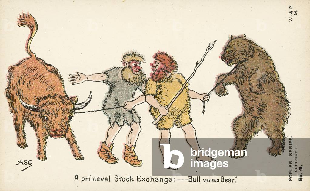 A primeval Stock Exchange - Bull versus Bear (colour litho)
