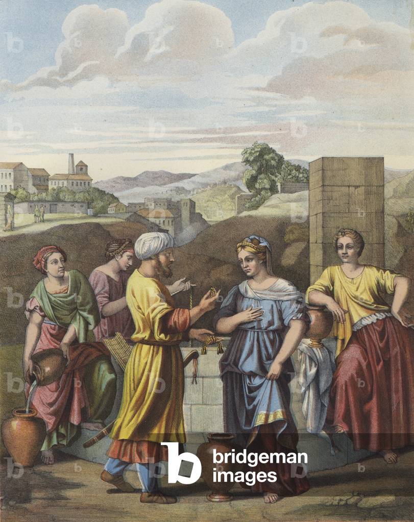 Eliezer and Rebecca at the well (colour litho)