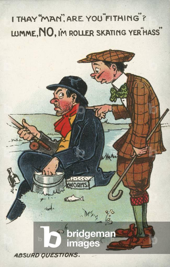 Man asking a stupid question of another man fishing (colour litho)
