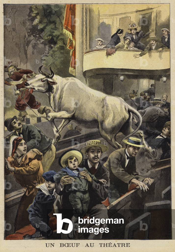 Interruption of a theatre performance by a bullock, Villefranche-de-Lauragais, France, 1897 (colour litho)