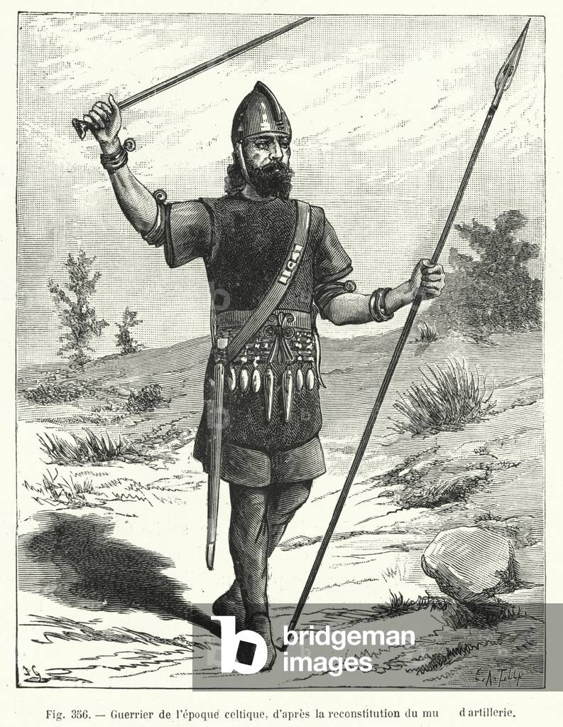 Guerrier de l'epoque celtique, d'apres la reconstitution du mu d'artillerie (engraving)