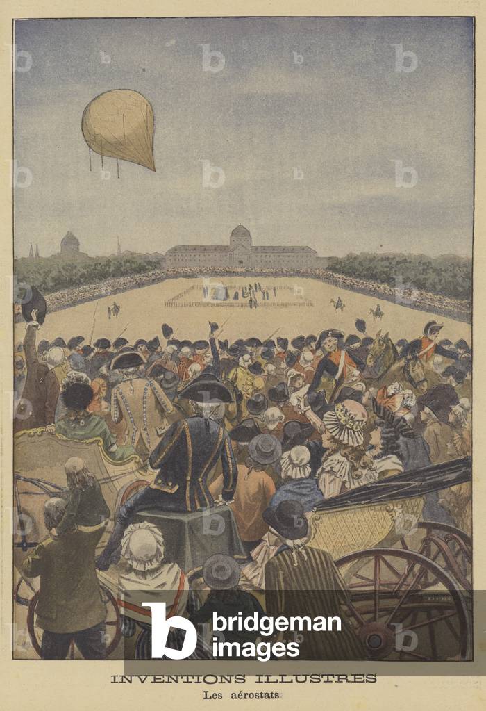 Launch of the first hydrogen balloon by Jacques Charles and the Robert brothers in Paris, 1783 (colour litho)