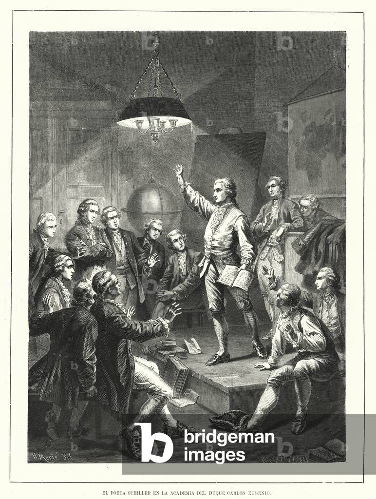 German poet Friedrich Schiller at the Academy of Duke Karl Eugen of Wurttemberg, Germany (litho)