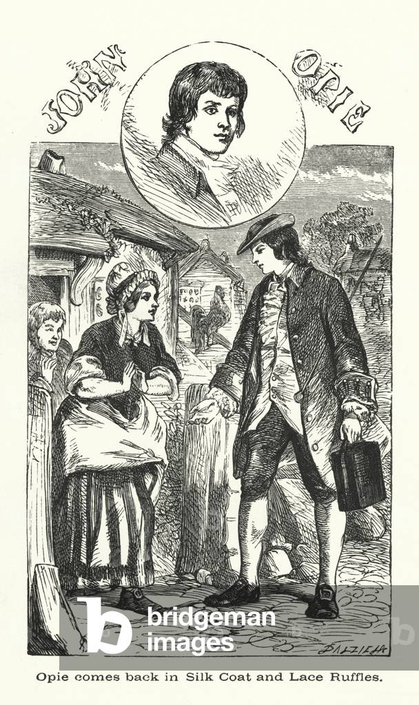 John Opie, coming back in silk coat and lace ruffles (engraving)