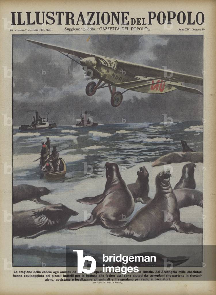 Using aircraft to locate seals for hunters in the Russian Arctic (colour litho)