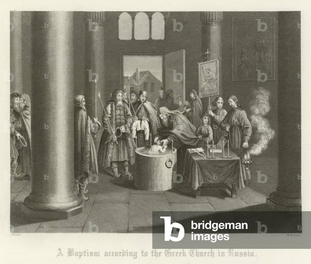 A baptism according to the Greek Church in Russia (engraving)