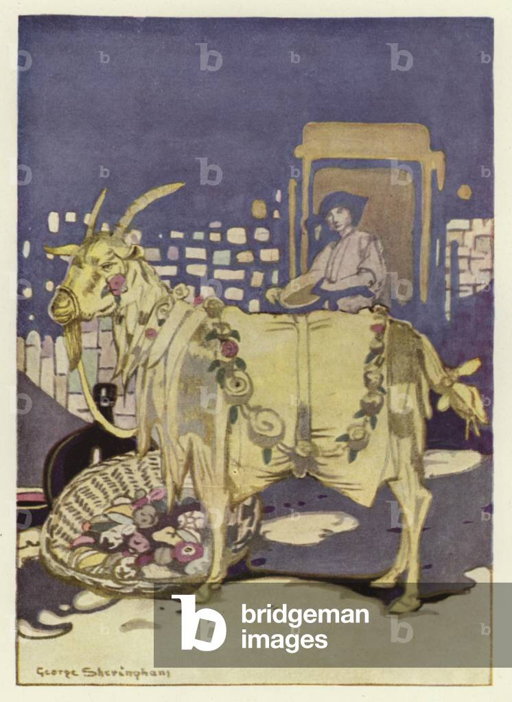 He bought a large quantity of food, put it in a basket, and carried it to the animal yard (colour litho)