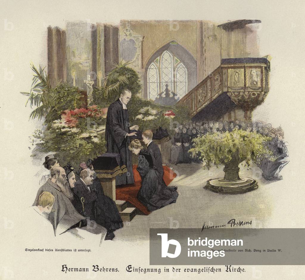 Confirmation service in an evangelical church (coloured engraving)