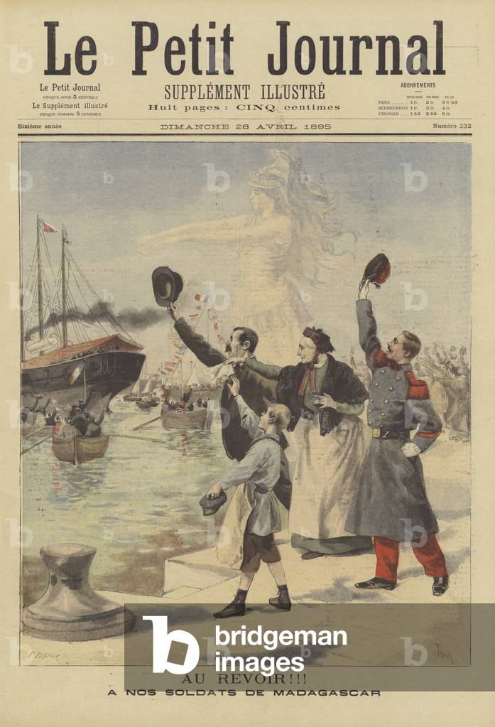 Saying farewell to French soldiers setting off on the expediton to Madagascar (colour litho)