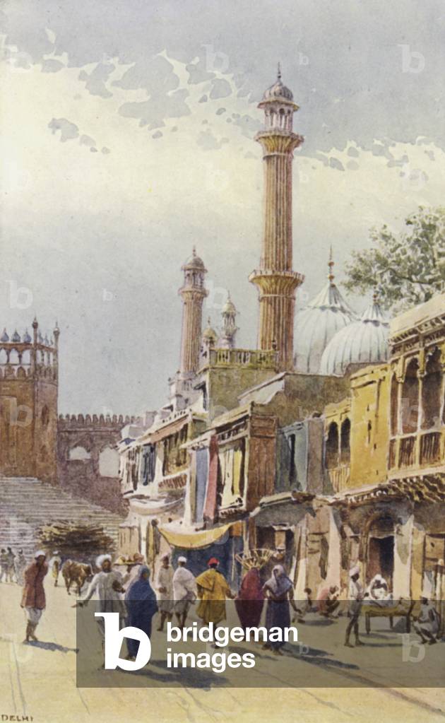 A Street in Delhi, looking towards the Jumma Musjid (colour litho)