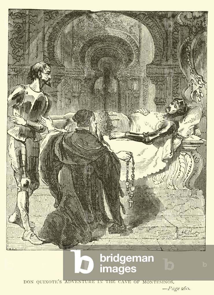 Don Quixote's adventure in the Cave of Montesinos (engraving)