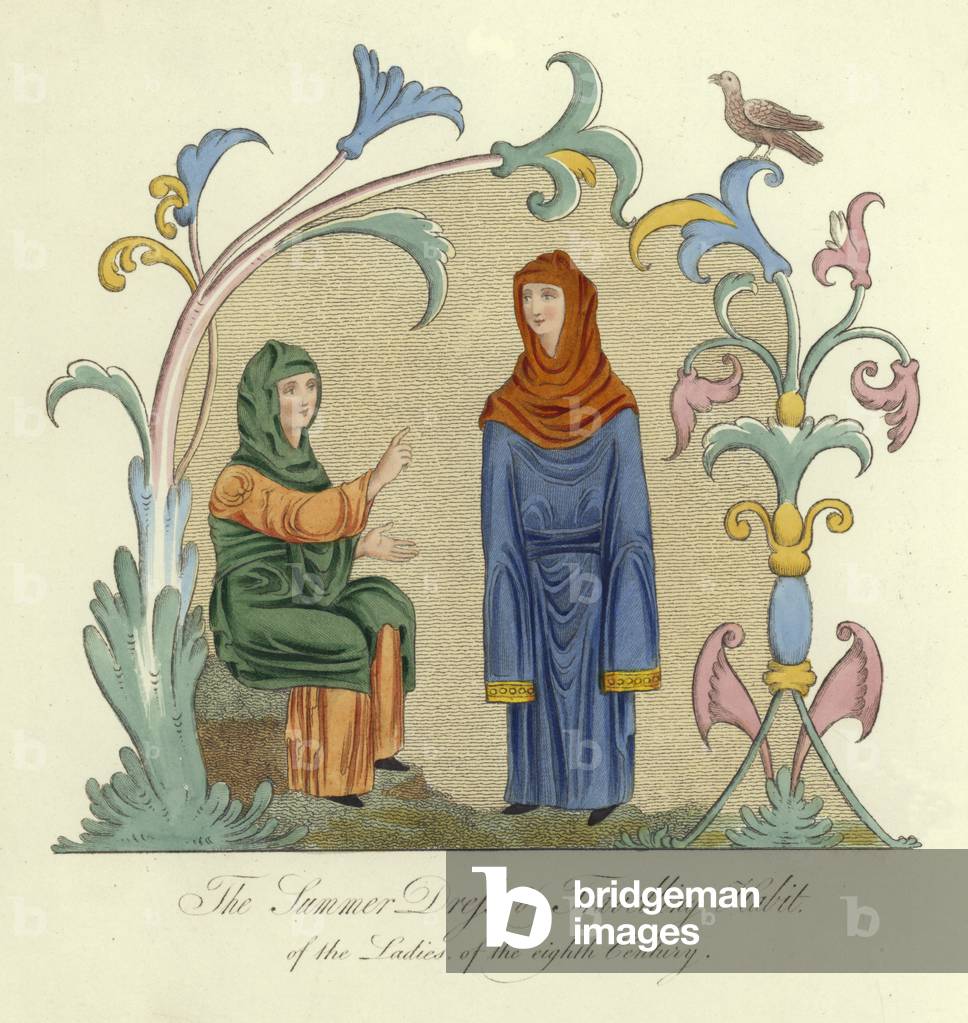 The summer dress and travelling costume of the ladies of the 8th Century (coloured engraving)