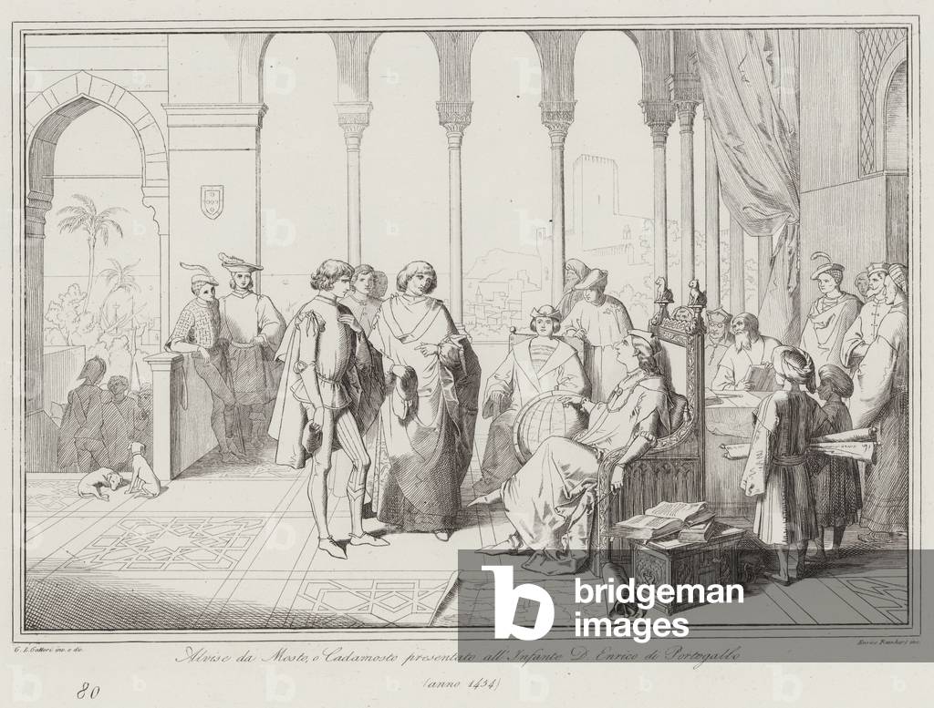 Alvise da Mosto, o Cadamosto presentato all' Infante D Enrico di Portogallo, 1454 (engraving)