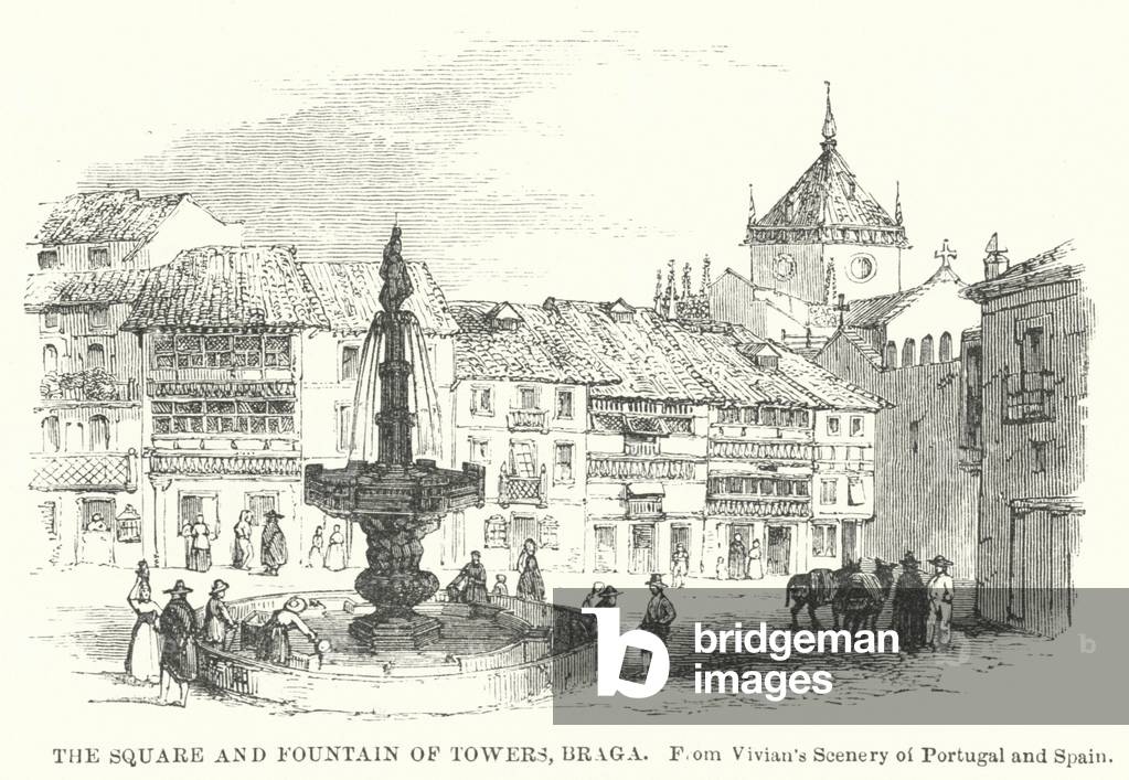 The Square and Fountain of Towers, Braga (engraving)