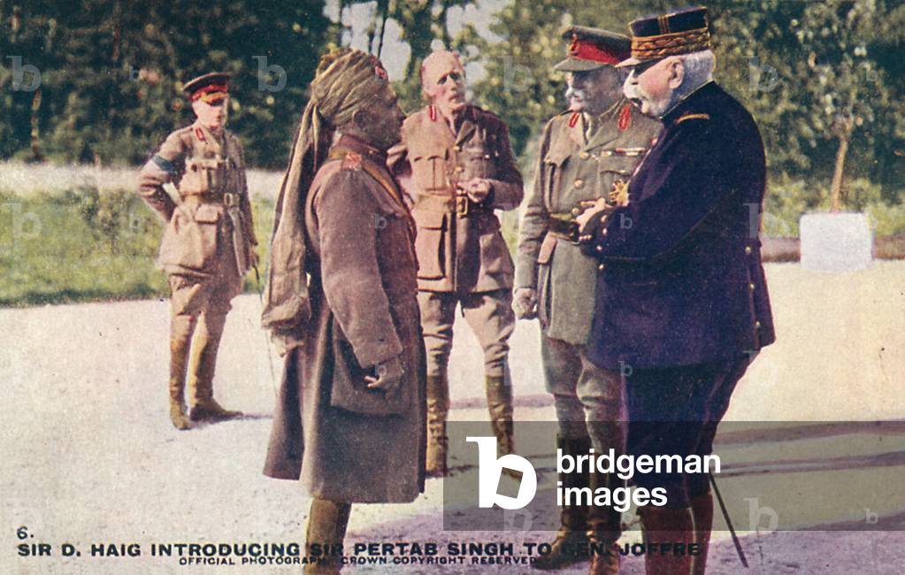 General Sir Douglas Haig introducing Sir Pratap Singh to Marshal Joseph Joffre (colour photo)