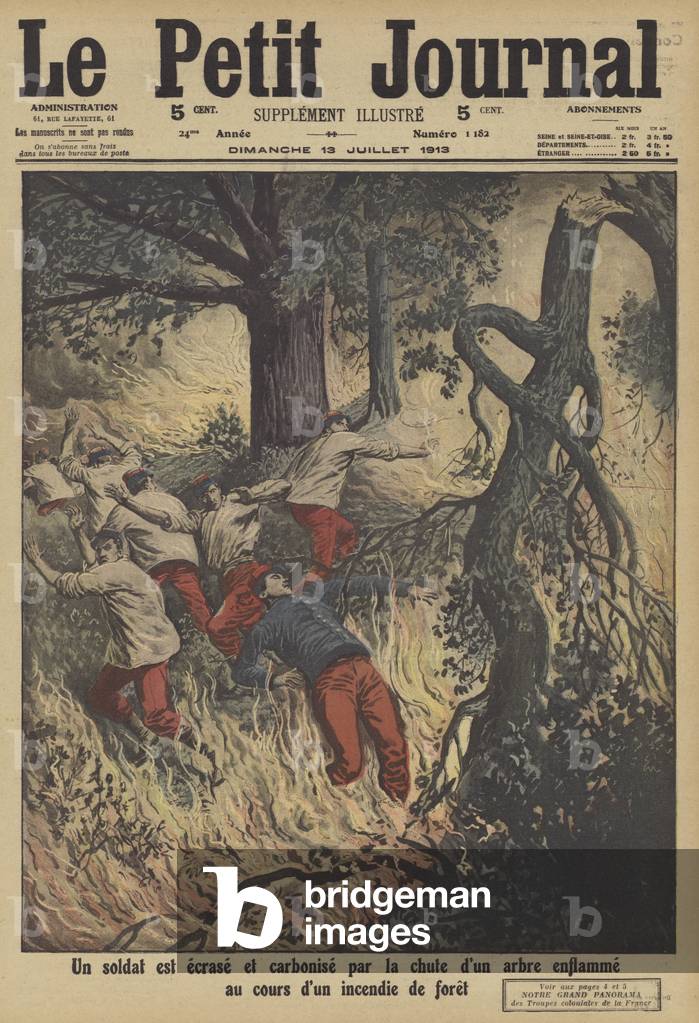 A French soldier killed by the fall of a burning tree during a forest fire (colour litho)