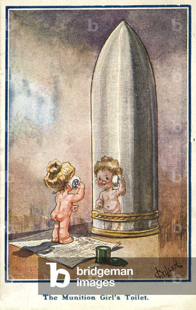 Munitions girl powdering her face in the reflection of a shell casing (colour litho)