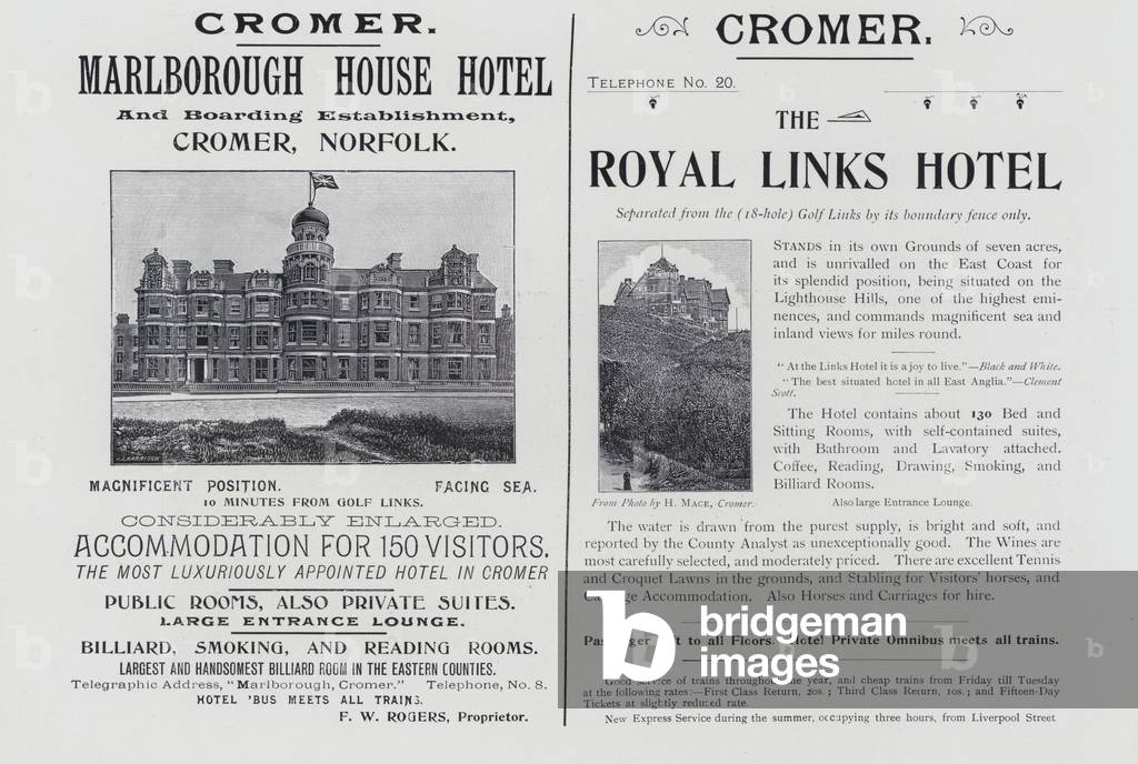 Advertisement, Cromer, Marlborough House Hotel, The Royal Links Hotel (b/w photo)