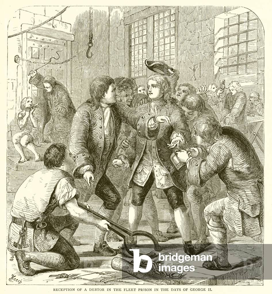 Reception of a Debtor in the Fleet Prison in the Days of George II (engraving)