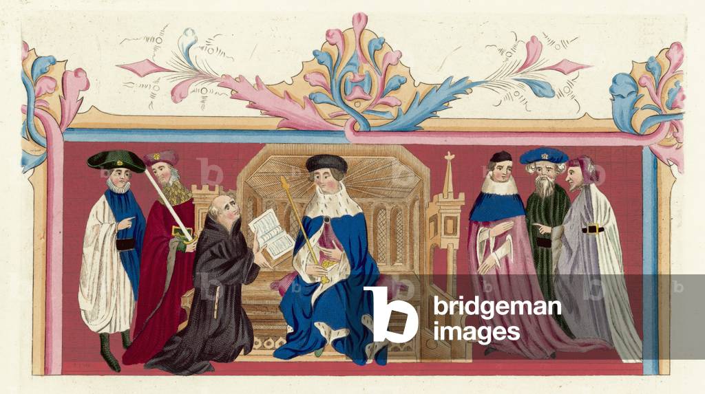 King Henry IV and his Court (coloured engraving)