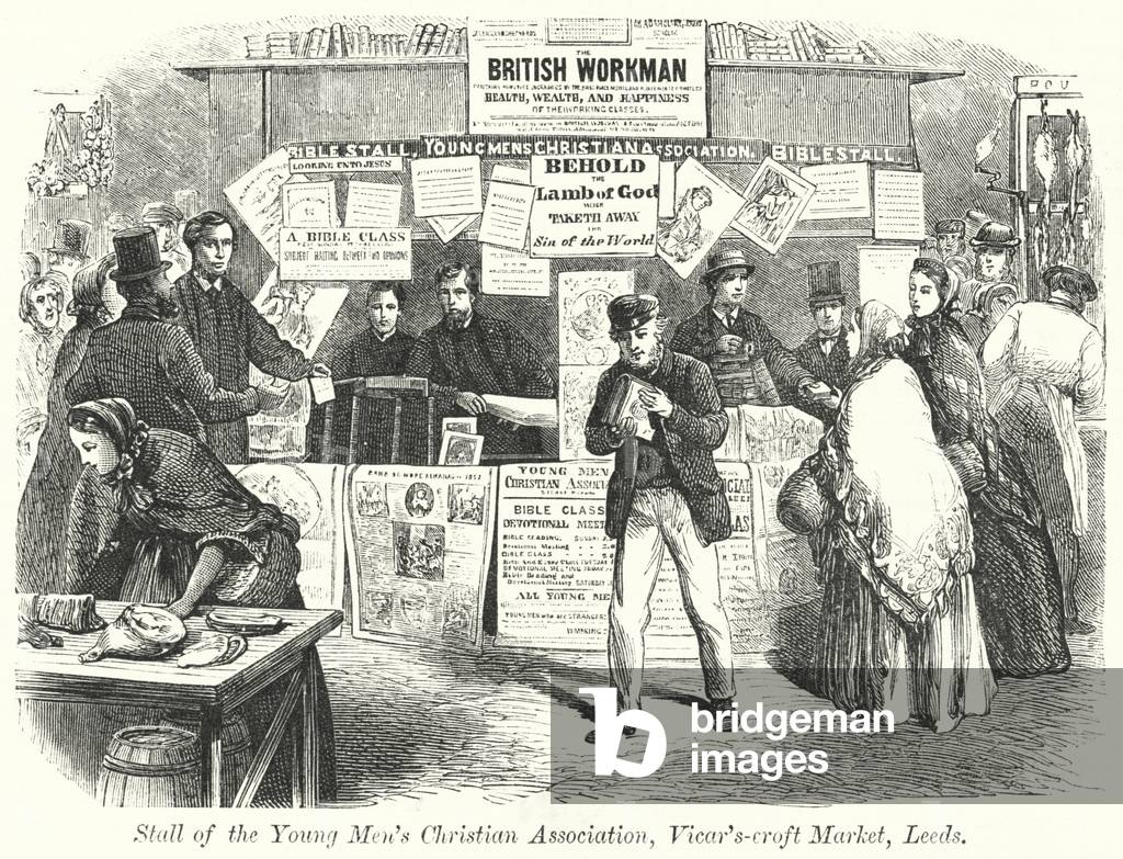 Stall of the Young Men's Christian Association, Vicar's-croft Market, Leeds (engraving)