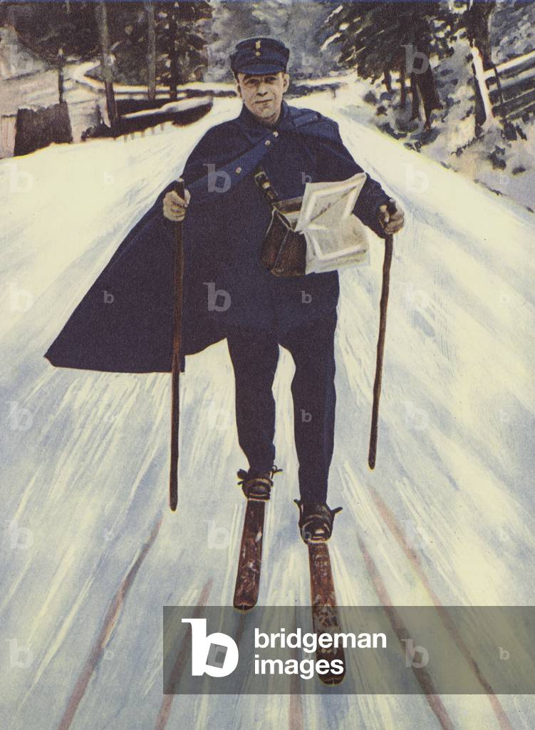 A German postman on skis (colour litho)