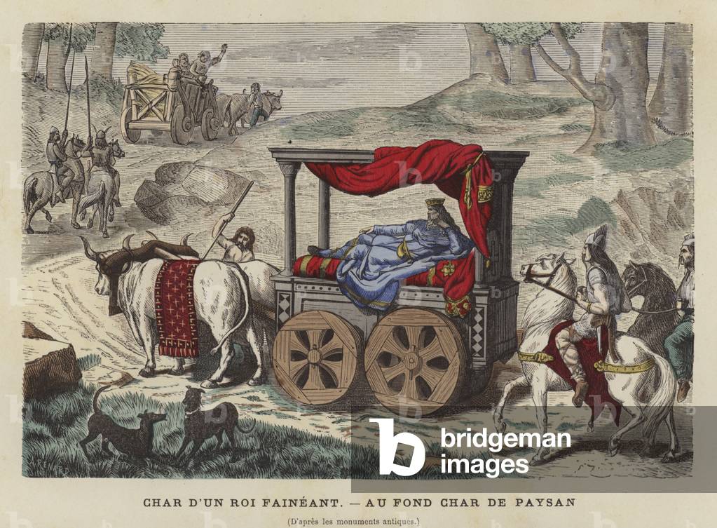 Ox cart carrying a reclining king (coloured engraving)