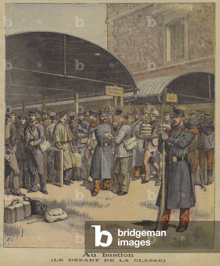 Soldiers off to join their regiment after training (colour litho)