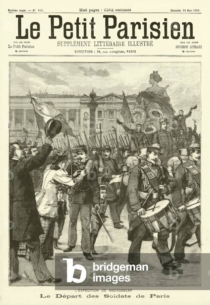 French soldiers setting off from Paris for the expedition to Madagascar (engraving)
