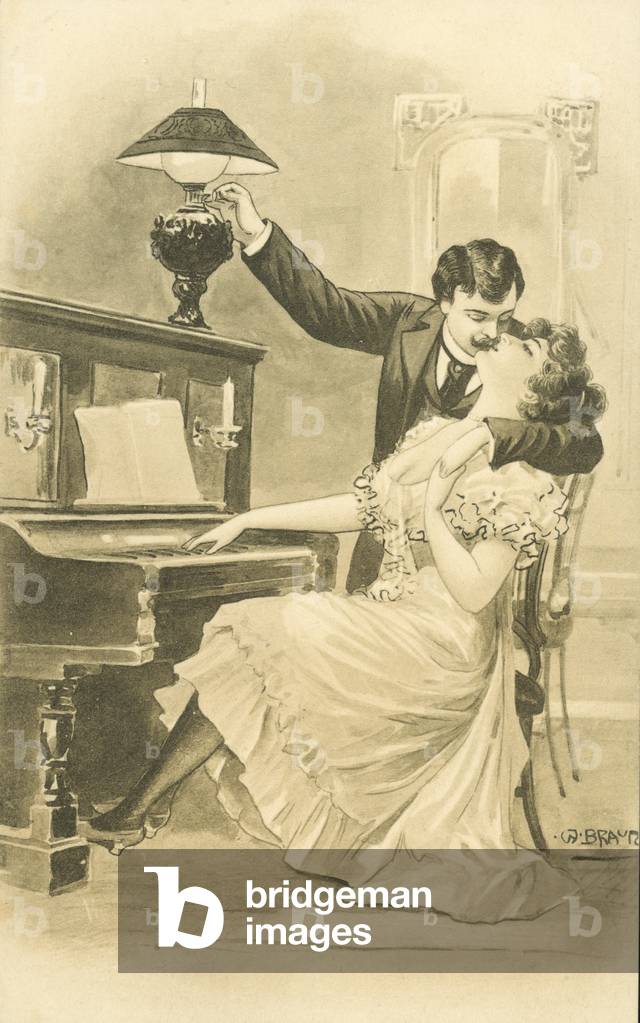Couple kissing at a piano (litho)