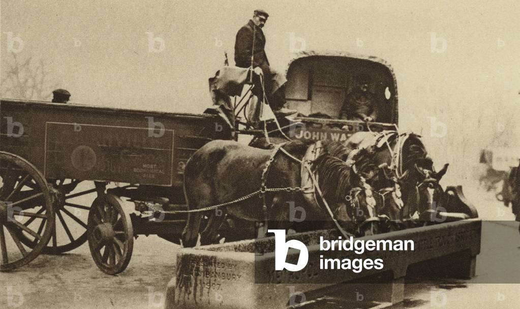 Horses at a drinking fountain at the corner of Mark Lane and Tower Hill (b/w photo)