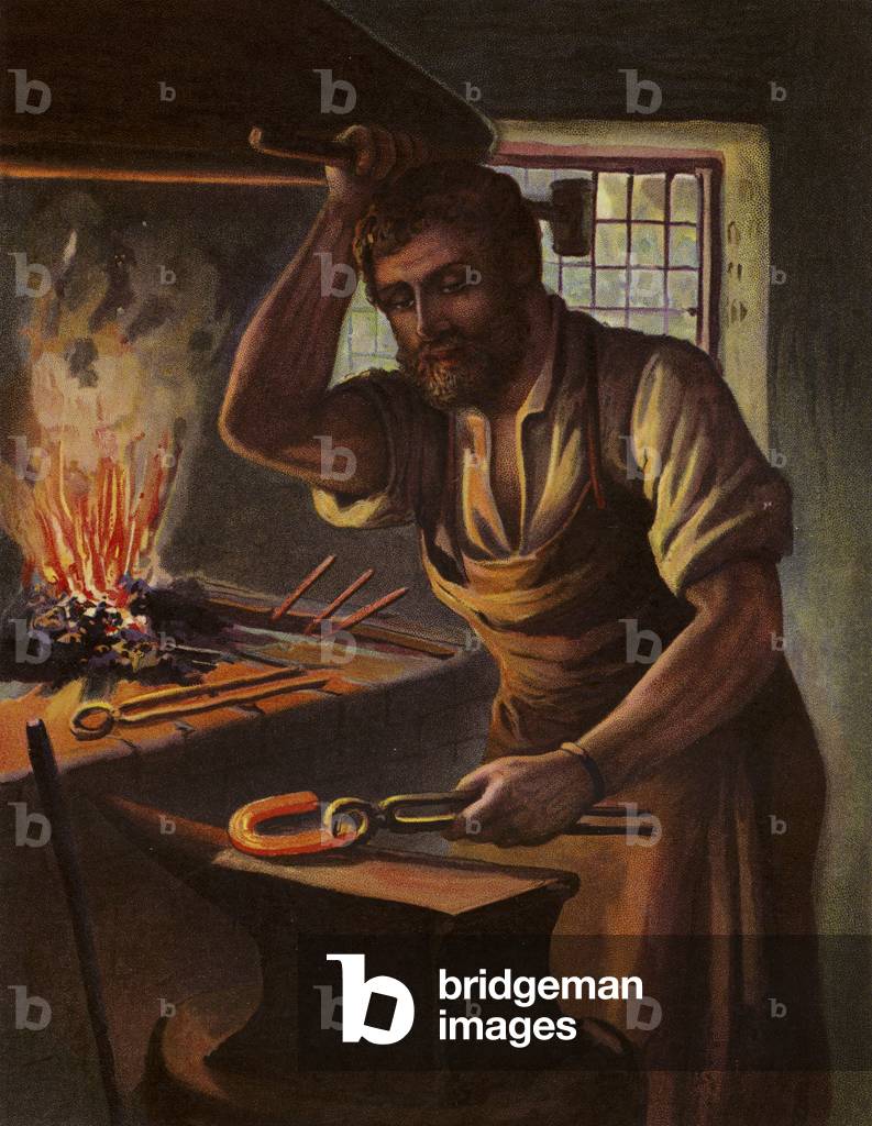 The Village Blacksmith (colour litho)