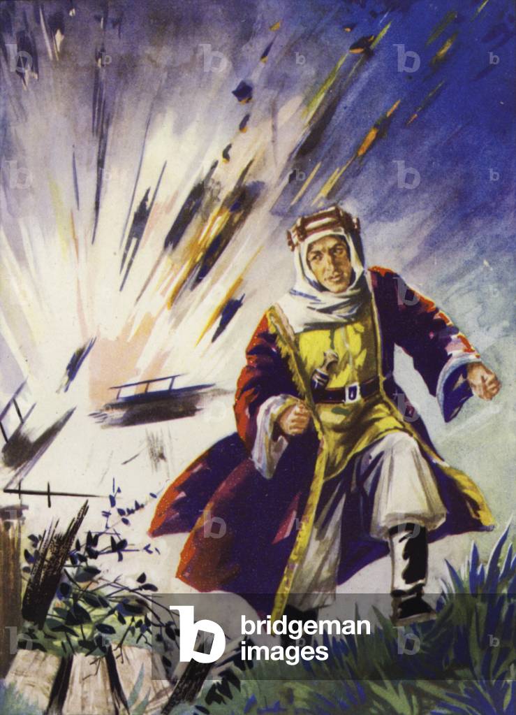 Finishing his task Lawrence raced for safety (colour litho)