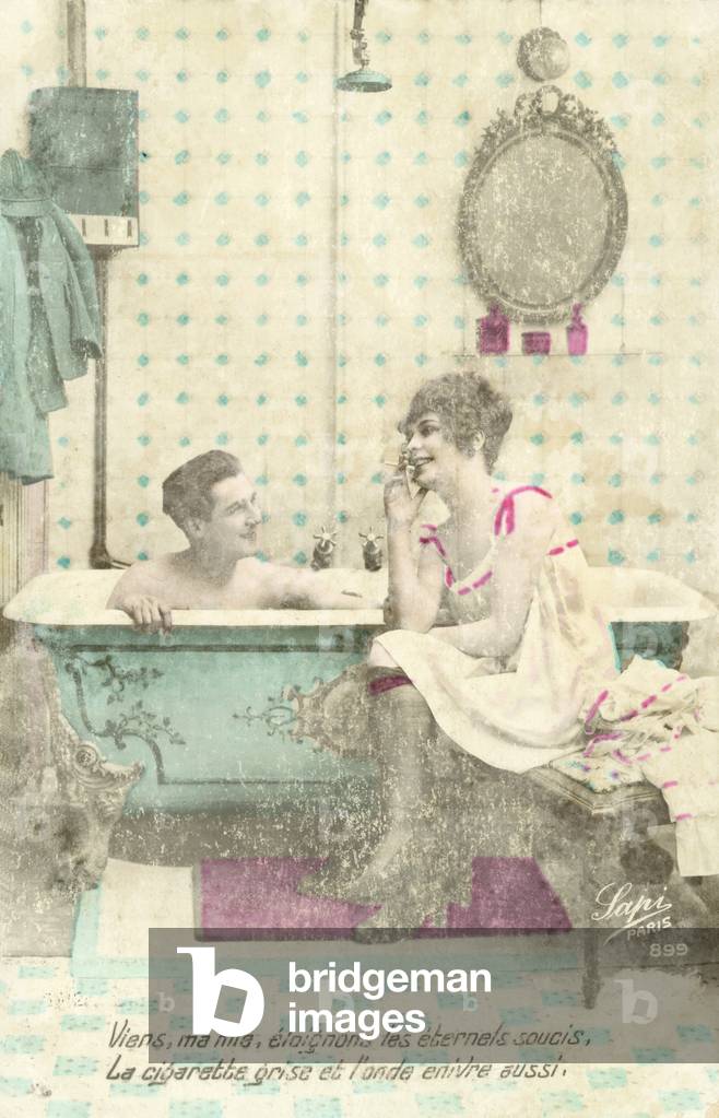 Girl, smoking, talking to man in bath (colour photo)