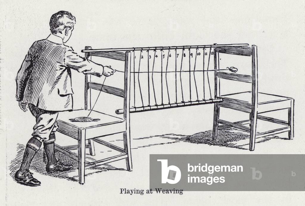 Boy playing at weaving with chairs and canes (litho)