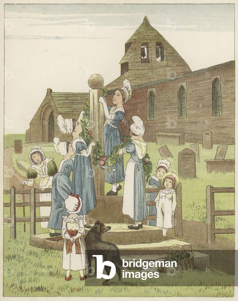 Charity children preparing for the harvest home (colour litho)