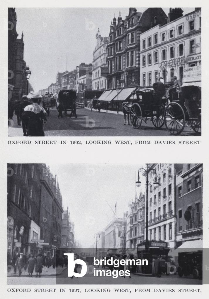 Oxford Street in 1902, looking west, from Davies Street; Oxford Street in 1927, looking west, from Davies Street (b/w photo)