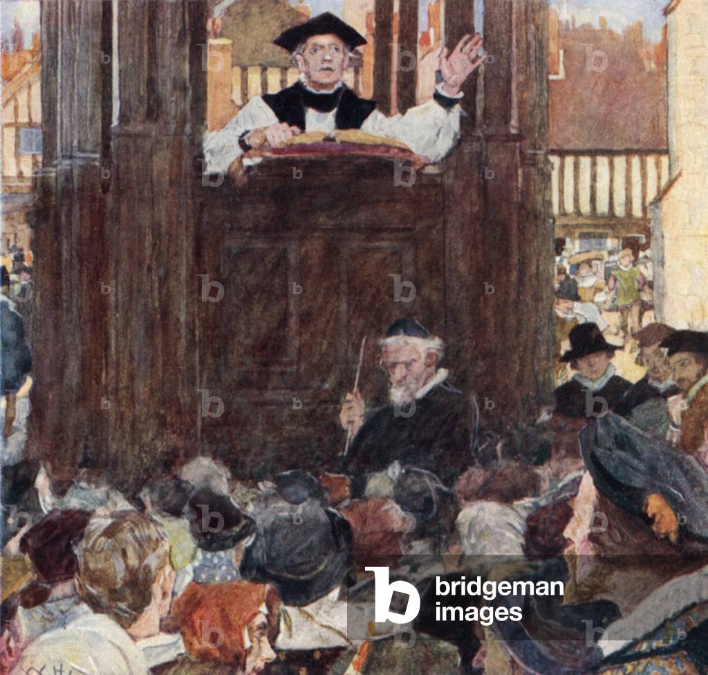 Shakespeare listens to a preacher at St Paul's Cross (colour litho)
