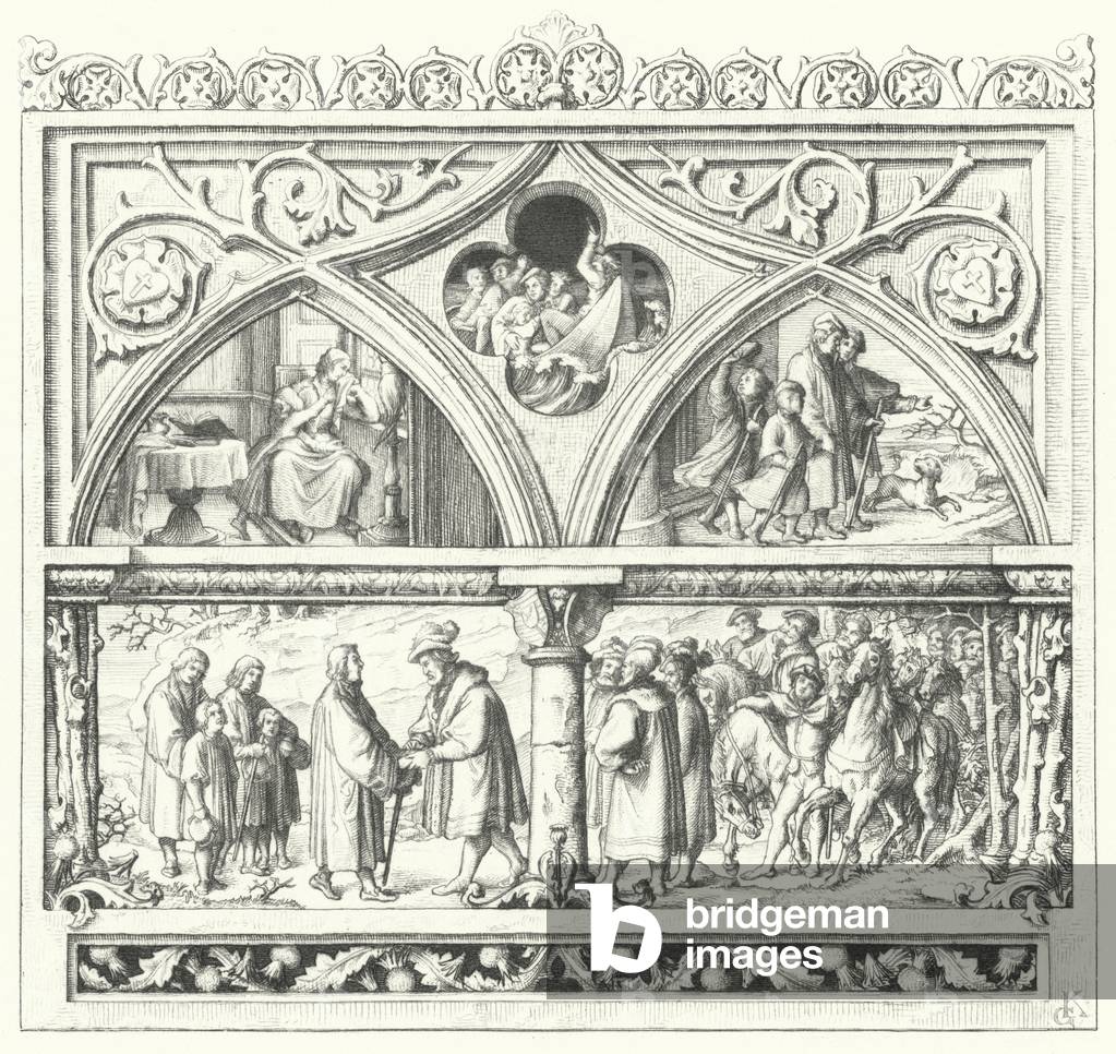 Martin Luther's farewell to his family as he undertakes his final journey to Mansfeld, his life on the road and his reception from the Counts of Mansfeld (engraving)