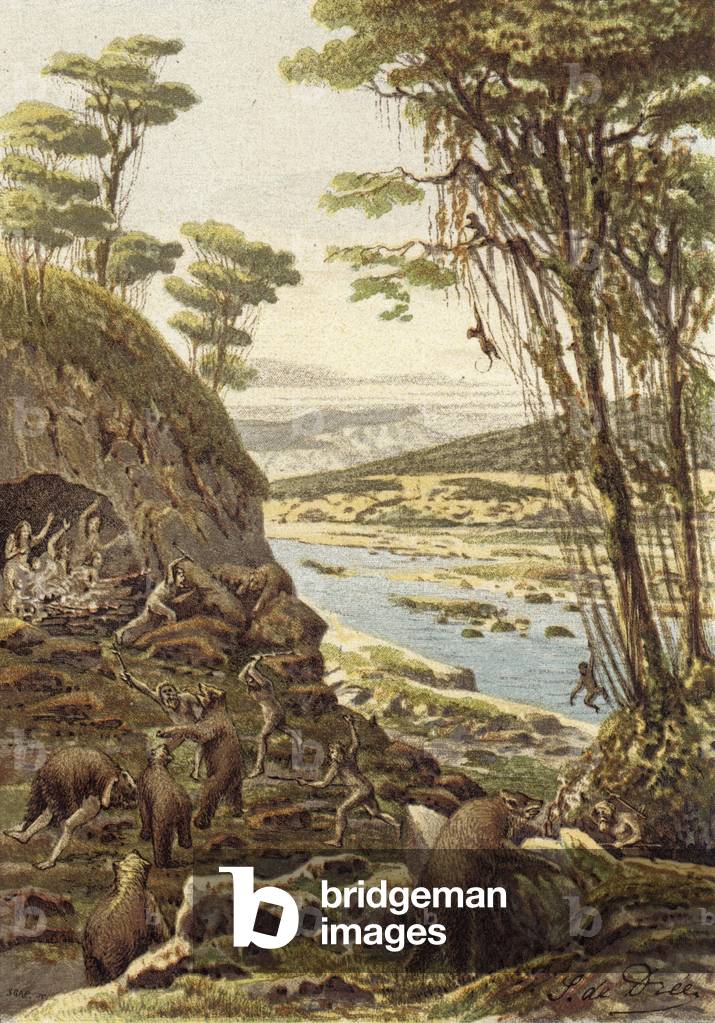 Les premiers ages de l'humanite, epoque de l'ours des cavernes (colour litho)