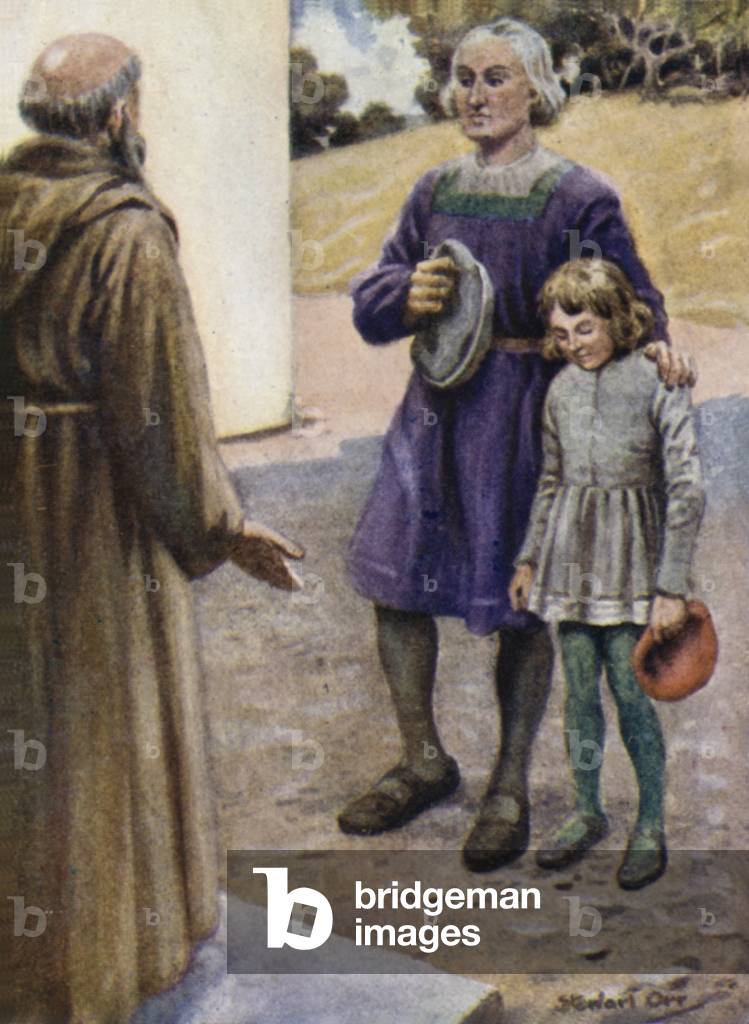 Columbus and his son Diego at the Gate of the Convent (colour litho)