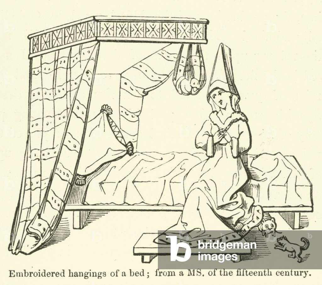 Embroidered hangings of a bed, from a manuscript of the fifteenth century (engraving)