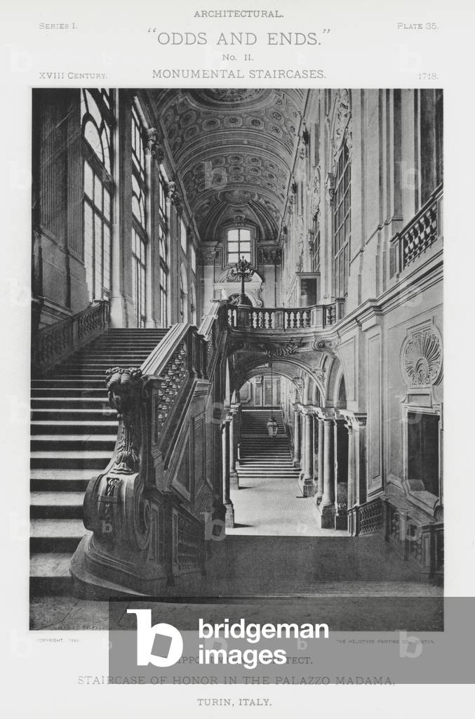 Staircase of Honor in the Palazzo Madama, Turin, Italy (b/w photo)