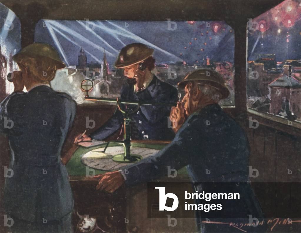 Observation post of the wartime British National Fire Service during an air raid, World War II, 1940s (colour litho)