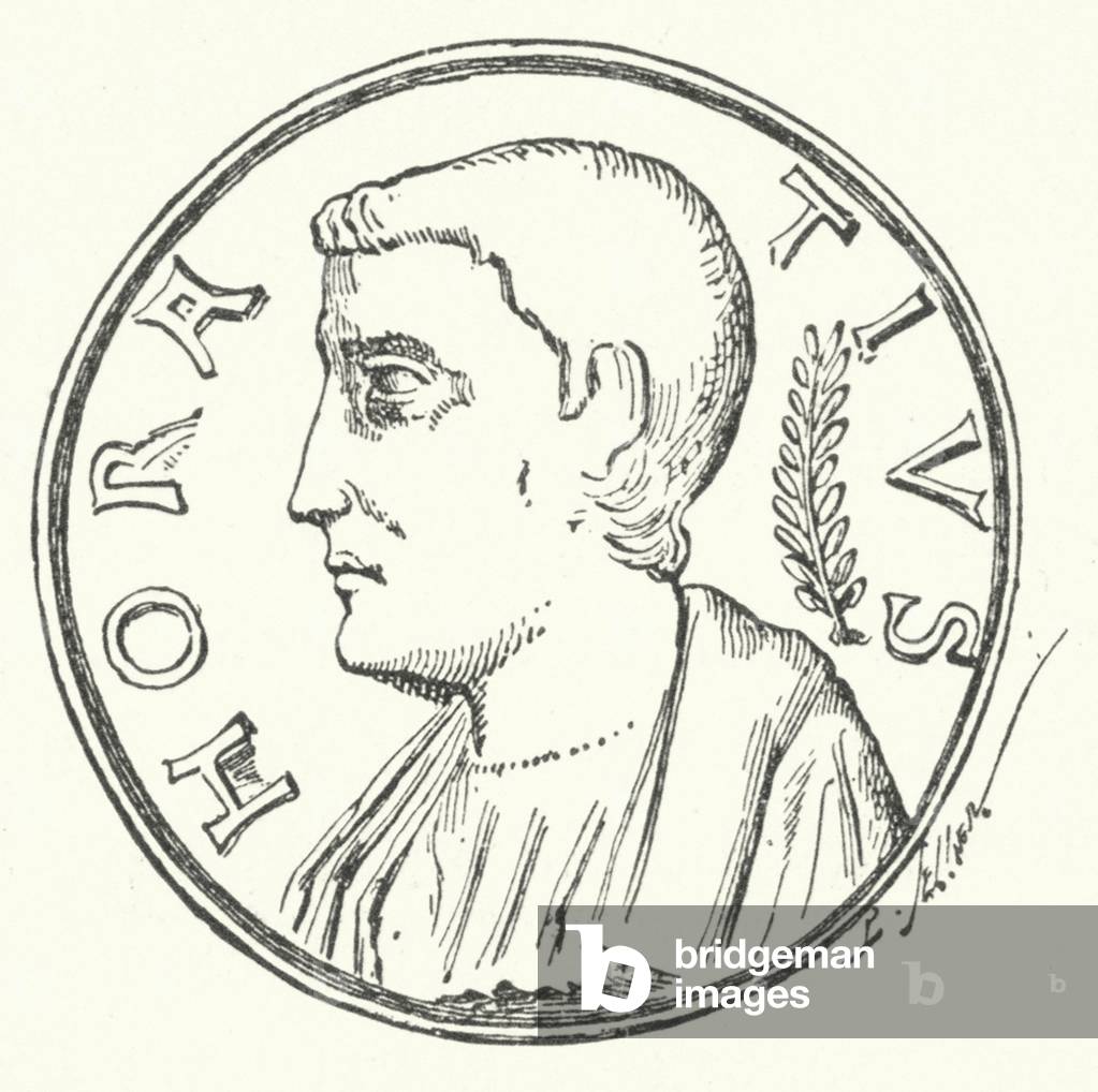 Bronze coin showing the head of the Roman hero Horatius (engraving)